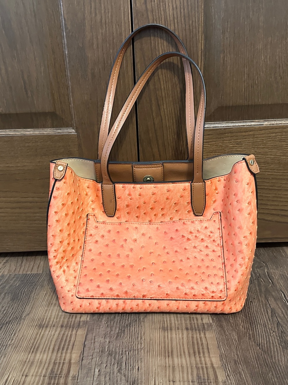 Women's Orange Faux-Ostrich Tote Bag with Brown Handles